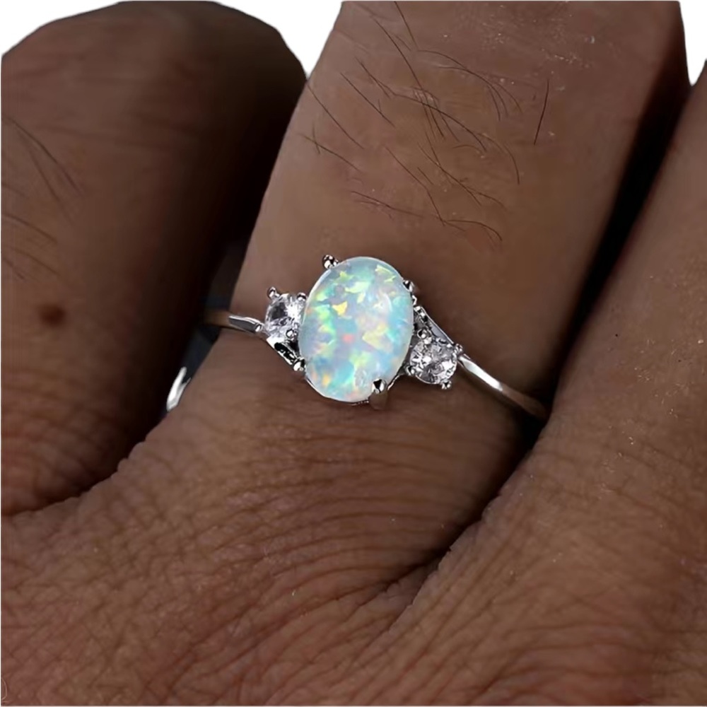 Opal Solitaire Silver Ring With Diamond Rhineston… - image 4